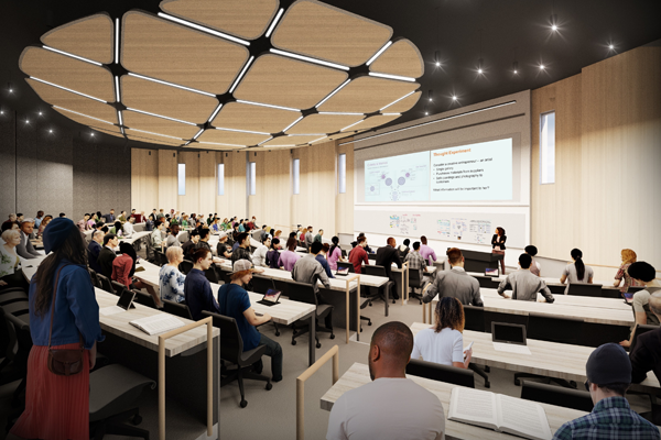 Wymer Hall Rendering with Students at Tables in Large Auditorium